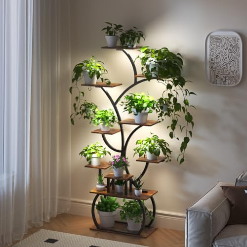 Bonnlo Pflanzenständer mit Wachstumslicht, 10-stöckiges Pflanzenregal für Innenbereich, Blumenständer aus Holz&Metall, Pflanzentreppen stabil und platzsparend, 155*80*26cm (schwarz, ohne Räder)