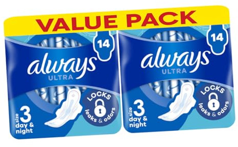 Always Ultra Day & Night Sanitary Towels with Wings Size 3-28 Pads (Pack of 2x14), Locks Leaks & Odours, Dermatologically Tested, SecureFit, Comfortable Wear