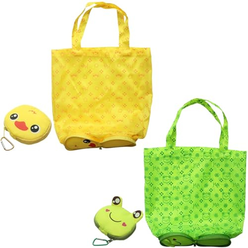 HUANYO Foldable Storage Bag 2 Pack - Waterproof Reusable Tote with Super Cute Animal Cartoons | Eco Friendly Shopping Bags for Groceries, Travel & Home Organiser