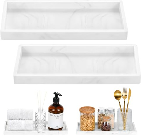 Luxspire Bad Eitelkeit Tablett - 2 Packungen (30 x 13cm) Silikon Seifenschale für Küche Arbeitsplatte Waschbecken, Bad Counter Tablett für Seifenspender Schmuck Zubehör, Weißer Marmor