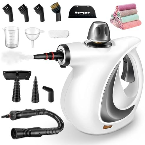 Nettoyeur vapeur, nettoyant vapeur portable, steam cleaner a main, pression de vapeur de 3,2 bars, puissance de 1050 watts, avec 12 accessoires pour sols, fenêtres et meubles (1 Set)