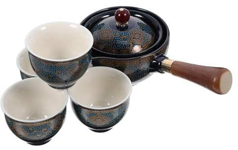 Toyvian Juego de Té Chino de Cerámica Azul y Tetera Lateral 360° Filtrante y Cuatro Tazas, Tetera Casera para Infusión de Kung Fu, Vajilla Portátil Hogar y Viaje
