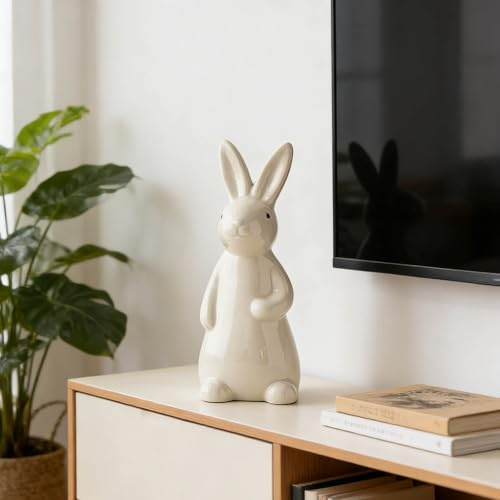 Osterhase Keramik Figur, Osterdekoration, Keramischer Deko-hase Kunsthandwerk, Moderne Deko-Hasen Skulptur für Ostern, Desktop, Frühling und Zuhause, Glasiert, Stehend, Gartenornament, Weiß (B)