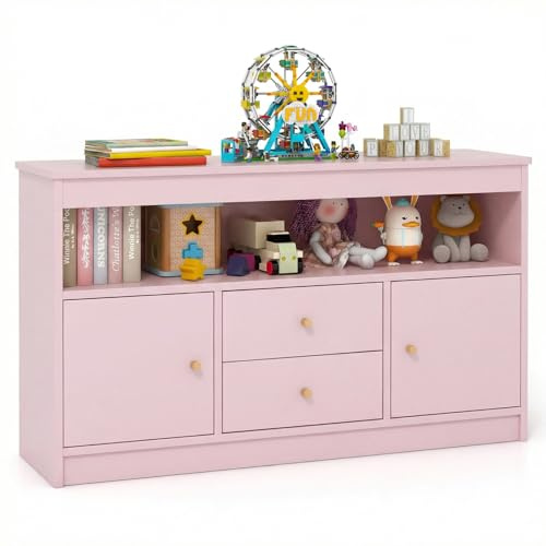 COSTWAY Spielzeugschrank Kinder, Kinderregal aus Holz, Kinderschrank mit 2 Schubladen & 2 Türen, Spielzeug-Organizer Aufbewahrungsschrank für Kinderzimmer, Schlafzimmer, 106 x 30 x 62 cm (Rosa)
