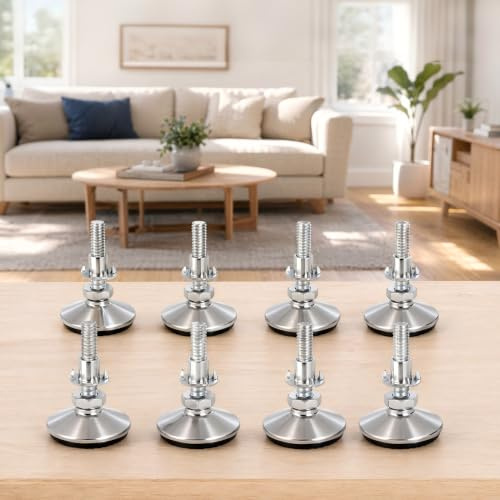 CHULIN Lot de 8 Pieds de Nivellement pour Meuble, M10 x 50 mm Pied Réglable Hauteur en Acier Inoxydable Vis de Réglage Pieds de Table avec Base en Caoutchouc Antidérapant et écrou en T, Argent
