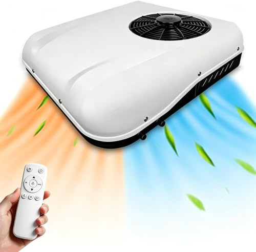 HNBYLMM Condizionatore d'Aria DC 12V per Camper, Riscaldamento e Raffreddamento, Basso Consumo Energetico, Ultra-Silenzioso, Climatizzatore da Tetto 9000 BTU con Telecomando per Camper, Van e Camion