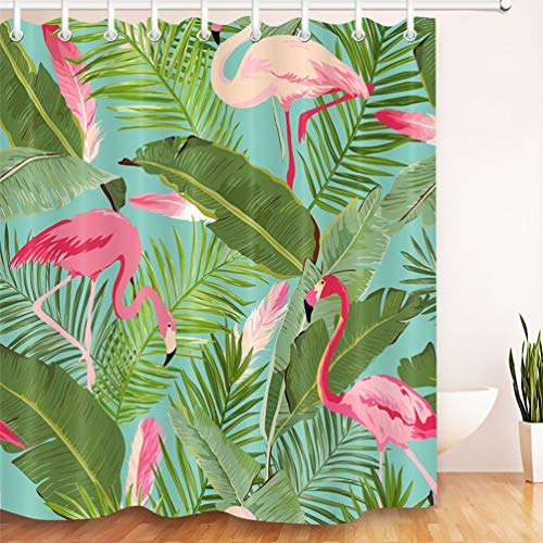 LB Tropisch Rosa Flamingo Duschvorhang mit Haken, 180W * 180H cm Sommer Urwald Regenwald Blätter Badvorhänge für Wohnkultur, Anti-Schimmel Wasser Beständig Waschbar Polyester Stoff