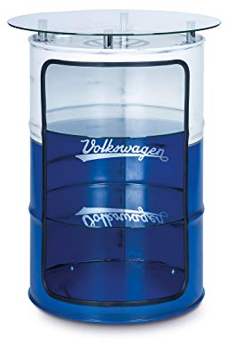 BRISA VW Collection - Volkswagen Vintage Ölfass-Möbel-Vitrine mit Stehtisch-Ablage-Bistro-Hochtisch im T1 Design (Bus Front/Weiß & Blau)