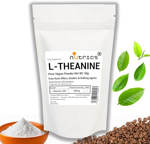 Nutrics® L-Theanine >99% 50g Pure Vegan Powder, Free from Fillers, Binders & Bulking Agents, Supplement from Green Tea & Coffee Bean Extract