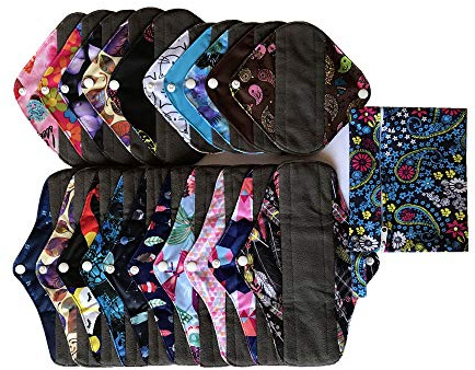 Mumbaby Lot de 21 flux lumineux 1 pièce Mini Wet Bag+5 à 7 pouces + 5 à 8 pouces + 10 à 10 pouces charbon végétal bambou chiffon Mama/tampons menstruels/tampons sanitaires réutilisables