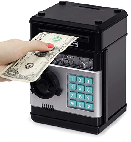 Yellcetoy Money Box for Kids Ages 3-12, Money Bank Piggy Bank for Boys Girls Electronic Password Cash Coin Can Auto Scroll Paper Money ATM Password Money Safe Kids Birthday Xmas Gifts Black