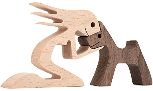 KINGNOW Decoración pequeña para sala de estar, estatua de mujer y perro, decoraciones de madera para el hogar