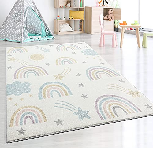 the carpet Beat Kids Moderner Weicher Kinderteppich, Weicher Flor, Pflegeleicht, Farbecht, Regenbogen Muster, Creme-Mix, 120 x 170 cm