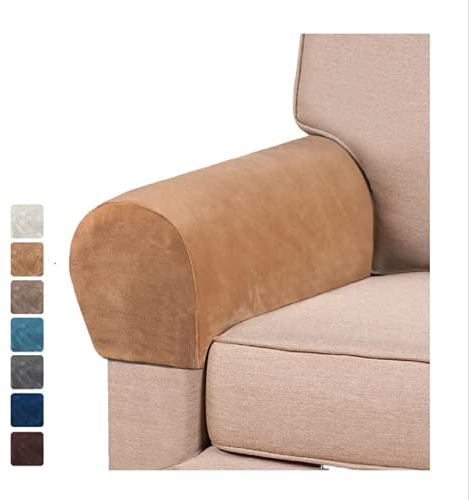 GAMUKAI 2 Pack Velvet Stretch Armrest Covers - Non Slip Sofa Chair Covers, Soft Elastic Arm Protectors for Living Room Couch, Office Chair, Recliner (Leather)