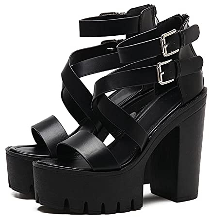 Femmes Bout Ouvert Talons Hauts Sandales Plate-Forme Chaussures pour fête discothèque Sexy Noir Gothique Femme Chaussures de Haute qualité