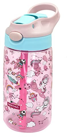 NERTHUS FIH 917 Kinderflasche aus Tritan mit Strohhalm Einhörner wiederverwendbar BPA frei leicht und robust