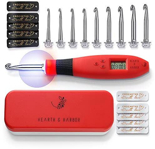 Hearth & Harbor Leuchtendes Häkelnadel-Set mit Etui, Zählhäkelnadel-Set Digital für Stich- und Reihenzähler, beleuchtetes Häkelnadel-Set mit 9 austauschbaren Häkelnadeln