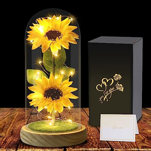 Mothers Day Flowers Gifts for Women - Sunflowers Gift for Mom Wife, Eternal Flower with in Glass Dome, Unique Gift Present for Mother Grandmother for Wedding, Birthday, Anniversary, Yellow