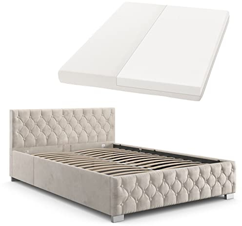 Juskys Polsterbett Nizza 180x200 cm mit Matratze, Stauraum mit Lattenrost, Bettkasten & LED Beleuchtung, Samtbezug, Chesterfield-Steppung, Beige