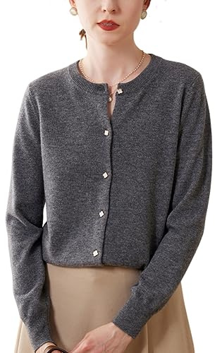 Valin Gilet Cachemire Femme Col Rond Perles Ajusté,Gris foncé,38