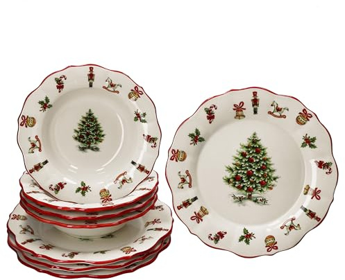 MamboCat Maestro Natale 8tlg Tafelservice I italienisches Keramik-Geschirr für 4 Personen mit Weihnachtsdekor I 4x tiefe Suppenteller & 4x flache Speiseteller für Weihnachten, Advent & Nikolaus