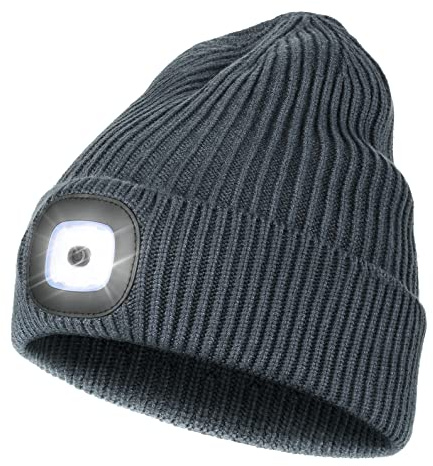 Wmcaps Mütze mit Led Licht, Strickmütze mit Licht Männer Geschenke Wiederaufladbare USB Laufmütze mit Licht Extrem Heller 4 LED Lampe Geschenk für Männer Frauen