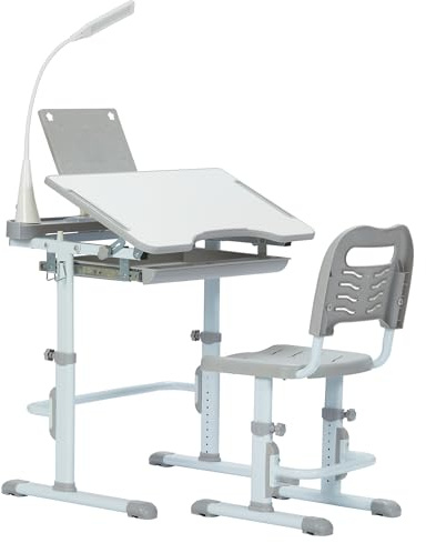 Real Relax Kids Desk and Chair Set, Children's Multifunctional School Tables with Tilt Desktop, LED Light, Metal Hook Grey