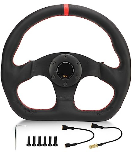 XTevu PU-Leder-Rennlenkrad, 13 Zoll, universelles D-förmiges Renn-Tuning-Sportlenkrad mit roten Nähten und Hupe