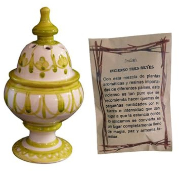 Incensario Artesanal Hecho a Mano esmaltados - Soporte para Incienso en Grano y de Semana Santa - Bolsa de 50 Gramos de Incienso Tres Reyes (CÁLIZ Verde)