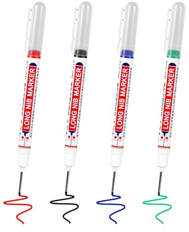 4 Stück Tieflochmarker, Bohrlochmarker, 20mm Extralange Spitze Lochmarkierer Wasserdichte Permanentmarker für Wände, Holz, Kunststoff, Glas, Metall, Karton Baustellen Stift (Schwarz, Blau, Rot, Grün)