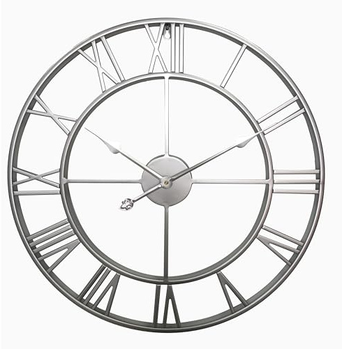 Samilito Große Wanduhr im Vintage-Stil, rund, geräuschlos,Gratis dazu EIN Extraset Uhrzeiger in Gold. Die Metalluhr für Loft, Wohnzimmer, Schlafzimmer und Küchendekoration (Schwarz). (Silber, 60 cm)