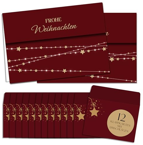 BIROYAL Weihnachtskarten mit Umschlag Set 12 Stück - A6 Klappkarten Weihnachten - Goldprägung Weihnachtskarten Set - Christmas Card - Weihnachtsgrußkarten - leere Innenseite Weihnachtspostkarten