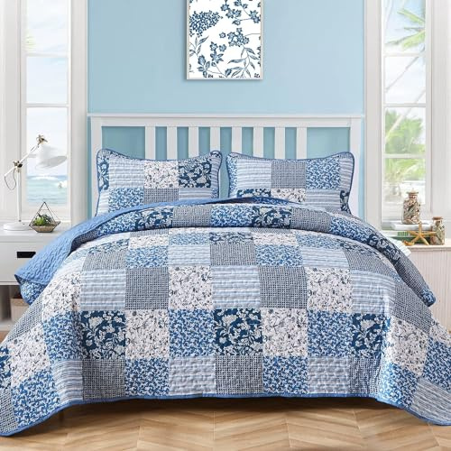 Mybedsoul Blaues Bettwäsche-Set für Doppelbett, 2-teilig, kariert, Blumenmuster, Patchwork, wendbares Bettwäsche-Set, Mikrofaser, leichte Tagesdecke, Decken-Set für alle Jahreszeiten, 172,7 x 218,4 cm