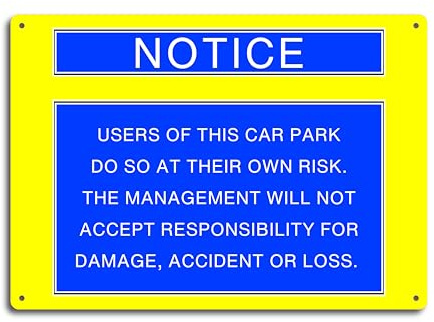 Aluminium Composite Car Park Sign - A4 UV Printed Warning Notice - Users Park at Own Risk - 4 Pre-Drilled Holes - Yellow and Blue, Rounded Corners, Weatherproof