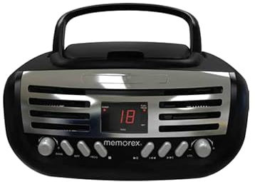 Memorex AM/FM Top Loading CD Player | Portable Stereo with Programmable Memory | Auxiliary Input and LED Display (Black, Retro CD Boombox)