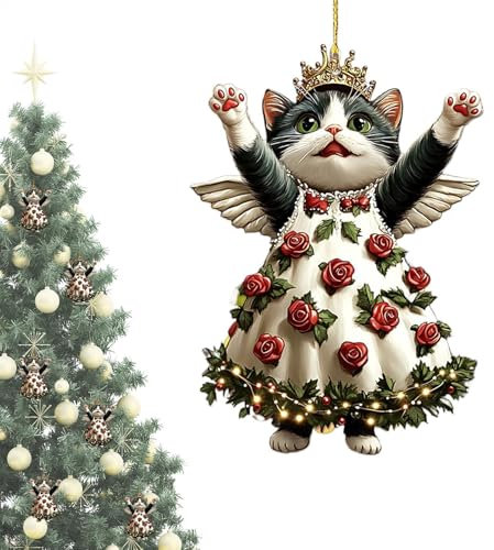 Katzen-Weihnachtsbaumschmuck, 7-teiliges Katzen-Weihnachtsanhänger-Ornament, 2D-Acryl-Weihnachtsrosen-Blumen-Schlüsselanhänger, Katzen-Weihnachtsbaum-Hängedekoration, für Katzenliebhaber