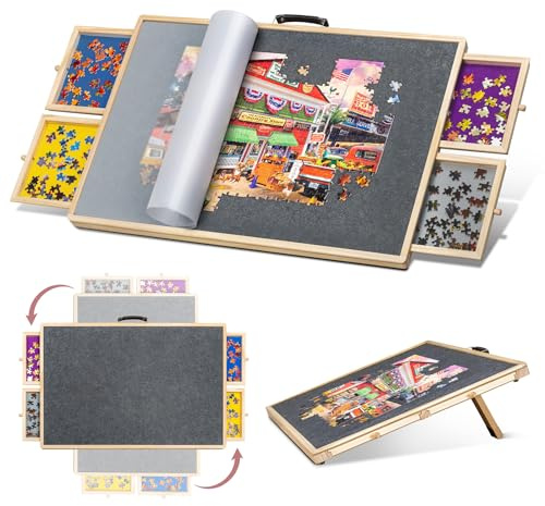 Lavievert 2-in-1 neigbares und drehbares Puzzlebrett mit 4 farbigen Schubladen und Abdeckung, Holz-Puzzle-Plateau für Erwachsene, tragbarer Puzzletisch mit rutschfester Tischplatte für bis zu 1000