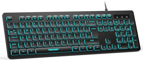 TECKNET Wired USB Keyboard, Backlit 7-Colors & Adjustable Brightness,Full-Size Keyboard with Numeric Keypad, Spill-Resistant Design, QWERTY UK Layout, Compatible with PC Laptop Desktop Windows