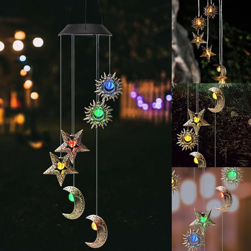 Carillons solaires à LED - Carillons éoliens solaires pour l'extérieur - Lampes solaires avec soleil, lune et étoile - Lampes solaires LED étanches - Carillon de jardin pour extérieur, balcon
