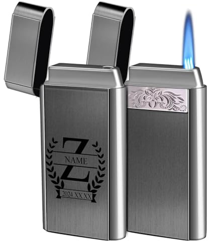 loongway Sturmfeuerzeug mit Gravur Blatt & Initialen– Robustes Jetflamme-Zinkfeuerzeug in Schwarz-Nickel