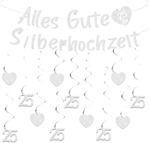 1 Set Girlande Silberhochzeit, Deko Silberhochzeit 25, Silberne Hochzeit Dekoration für Draußen und Innen, Partydeko für Jubiläum und Festlichkeiten