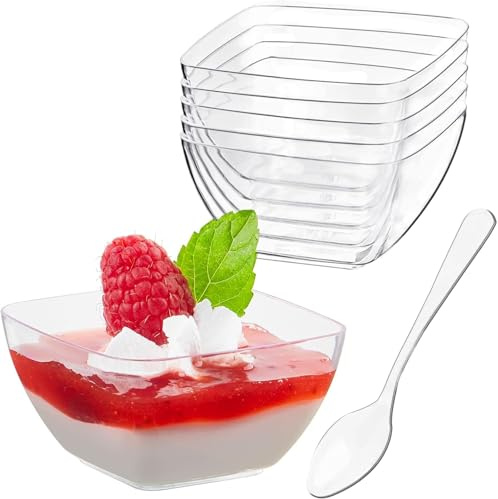 KAHEIGN 100Pcs Plastic Dessert Cups with Spoons, 60ml Square Dessert Cups Clear Parfait Appetizer Plates Reusable Serving Bowl with Spoon for Desserts Pudding Mousse Party (5cm x