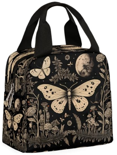 Mexpekil Bolsa térmica para el almuerzo con diseño de mariposas y lunas góticas vintage para niños y niñas, bolsa térmica para el almuerzo para mujeres y hombres, lonchera para la escuela y el trabajo