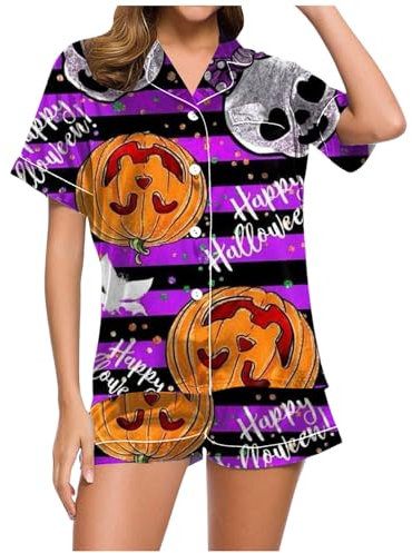 Pyjama court décontracté pour adolescente et short avec imprimé d'Halloween pour femme - Robe de chambre rouge pour femme, lilas, XL