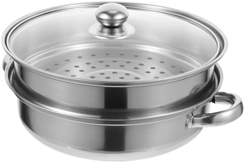 Vaporera Cocina de Doble Acero Inoxidable de Capa | Plata, Superficie Lisa y Bordes Redondeados, Olla Doméstica para Cocer al Vapor y Calentar Alimentos