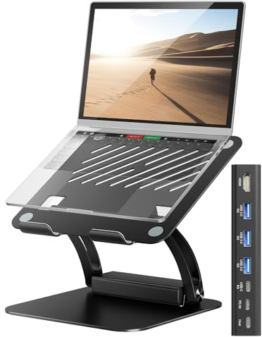 tounee Laptop Stand with Detachable USB-C Hub, 100W PD Charging, 4K@60Hz HDMI, 3 USB Ports, Ergonomic Laptop Holder Docking Station for 10-17 Laptops, MacBook & More (Black)