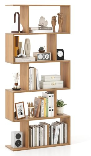 COSTWAY S-Shaped Wooden Bookcase, 5/6 Tiers Freestanding Storage Shelf, Home Office Rustic Decorative Bookshelf Display Stand Rack (Natural, 70 x 24 x 158 cm)