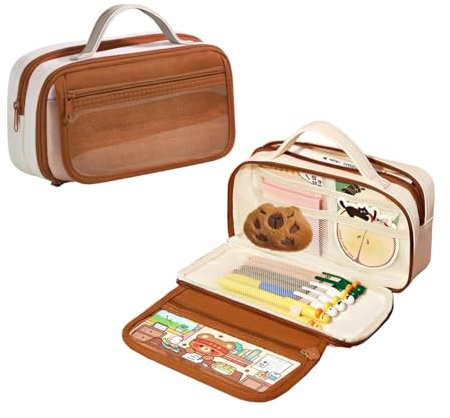 MSLSOZ Trousse à crayons de grande capacité, 3 compartiments, grande trousse à stylos avec fermeture éclair lisse et poignée, esthétique et mignonne pour écolière, filles et garçons, support de