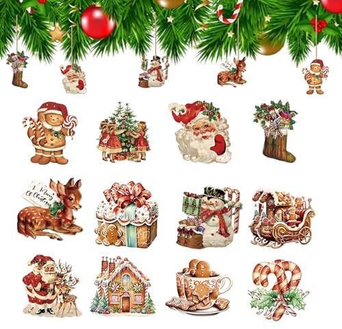24 Stück holzanhänger Weihnachten, Vintage Weihnachtsbaum Anhänger zum Hängen, Baum Geschenkanhänger, Weihnachtsanhänger Geschenke Weihnachtsschmuck für Fenster Kamine Türen, Weihnachten Dekoration