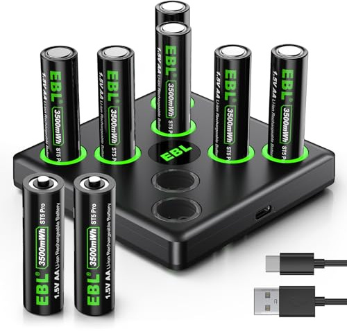 EBL Rechargeable Lithium AA Batteries with USB-C Fast Charger, 8-Pack 1.5V Lithium Battery AA 3500mWh for Blink Camera, Video Doorbell